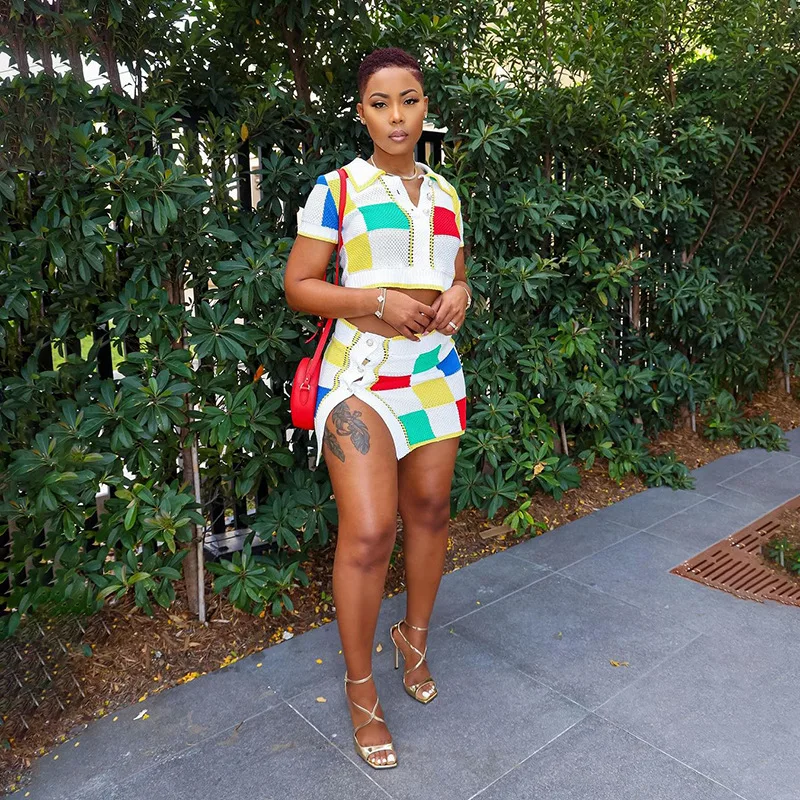 Color Patchwork Knitted Two Piece Set 2024 Summer New Pearls Buttons Polo-Neck Short Sleeve Crop Tops High Waist Mini Skirts