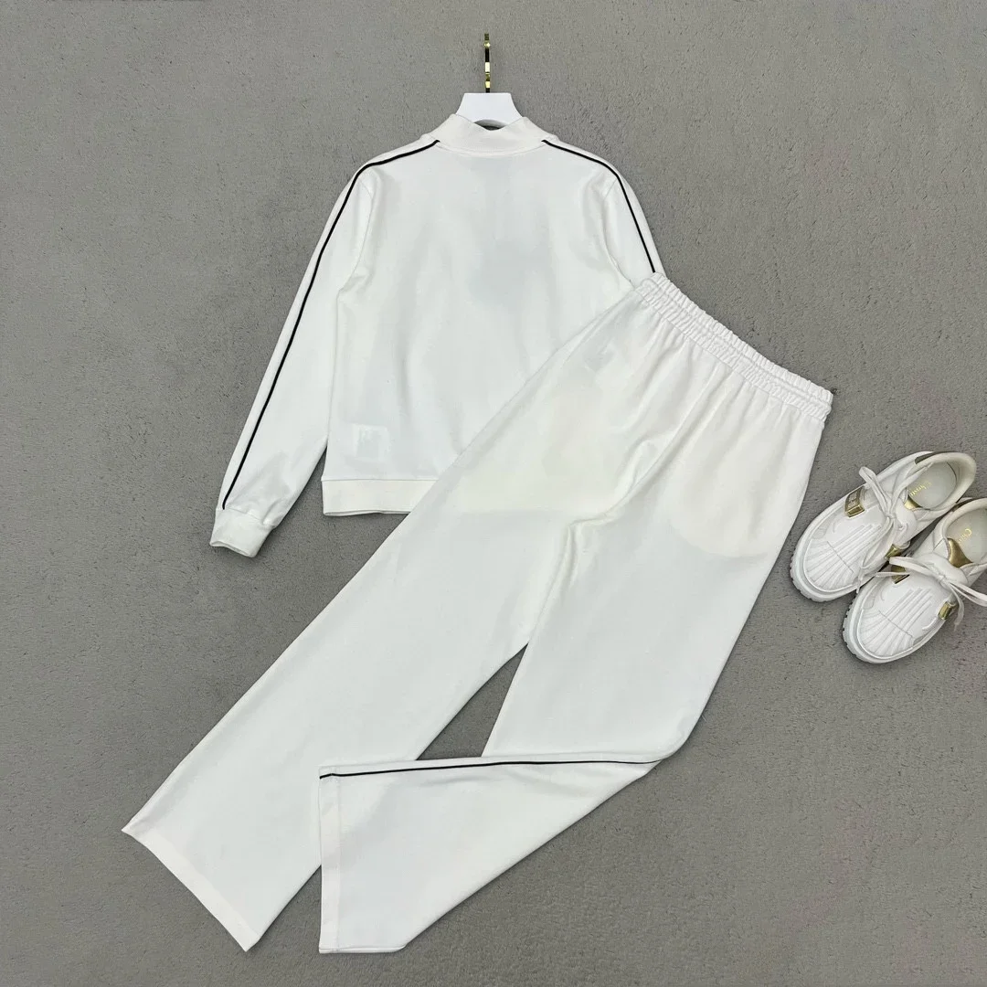 2023 Early Autumn New Set Zipper Sport Casual Design Letter Ribbon Splice Heavy Cotton Fabric with Elastic Waist Casual Pants