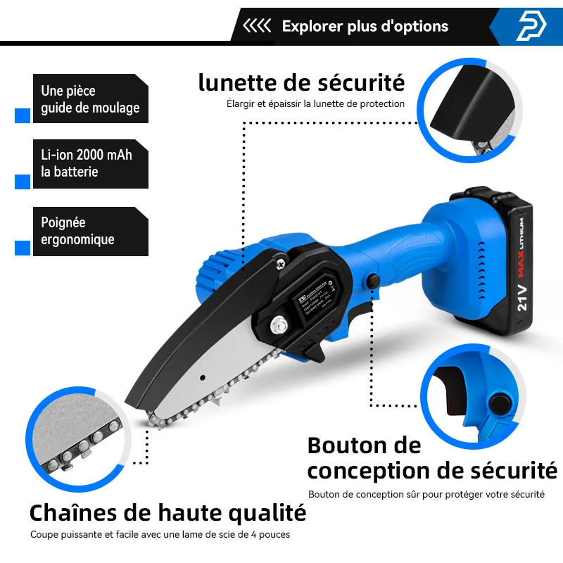 Mini scie à chaîne électrique de 4 pouces, 21V, batterie Li-ion