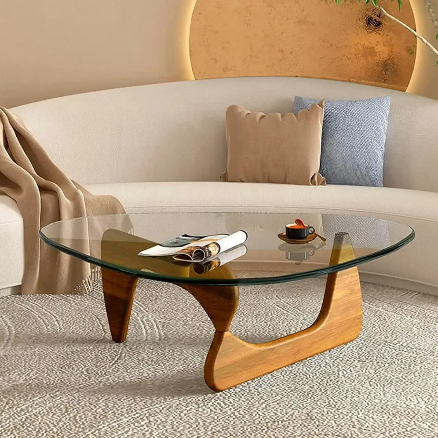 Coffee Tables for Living Room-Triangle Glass Coffee Table with Wooden Base Mid-Century Modern Abstract End Table