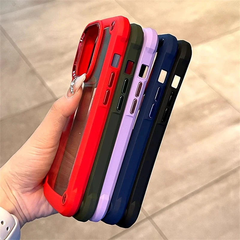 Shockproof Armor Clear Phone Case with Transparent Acrylic and Metal Button Hard Bumper Cover