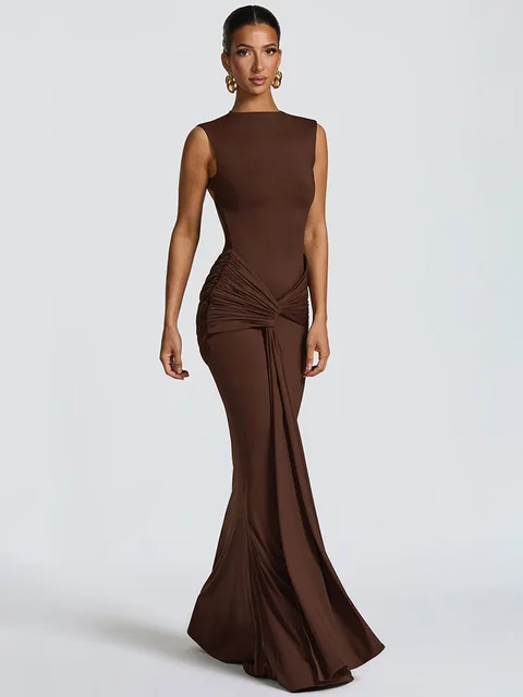 Mozision Backless Draped Ruched Sexy Maxi Dress Women Gown Elegant O Neck Sleeveless High Waist Skinny Club Party Long Dresses 1