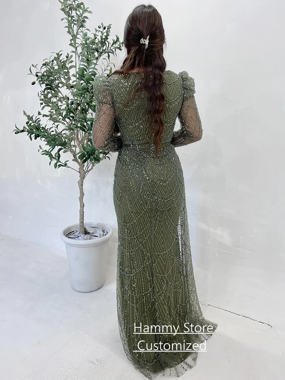 Sequined Mermaid Evening Dress Customized V Neck Full Sleeves Beading Pearls Sweep Train Prom Party Gown Robe De Soiree 2