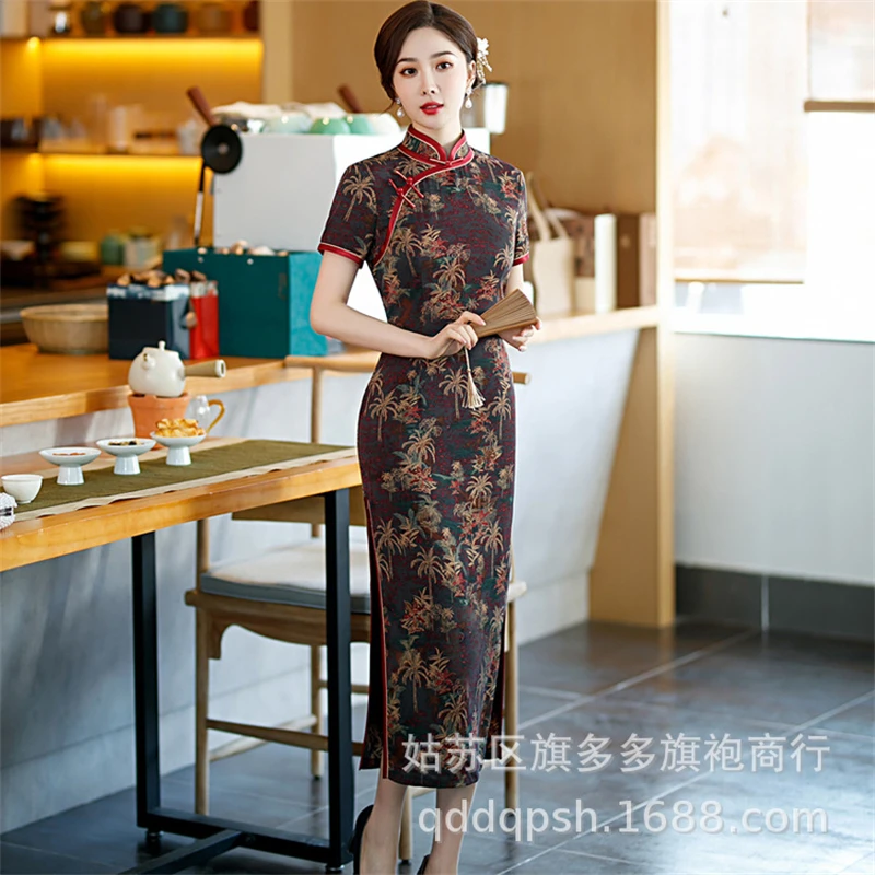 

Novelty Chinese Style Long High Split Cheongsam Traditional High Quality Vintage Mandarin Collar Silm Short Sleeve Qipao