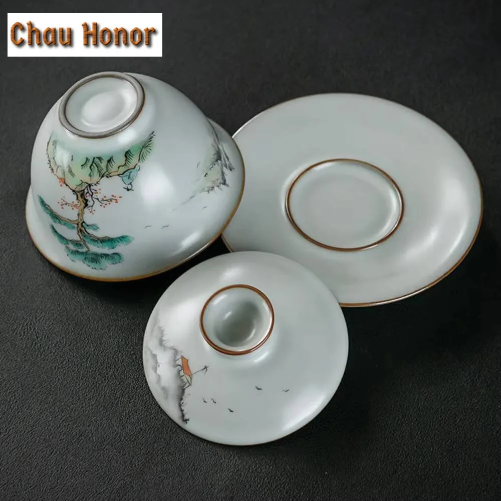 170ml Ancient Hand-painted Landscape Gaiwan Handmade Ru Kiln Porcelain Bowls Tea Tureen Tea Maker Cover Bowl Teaset Decoration