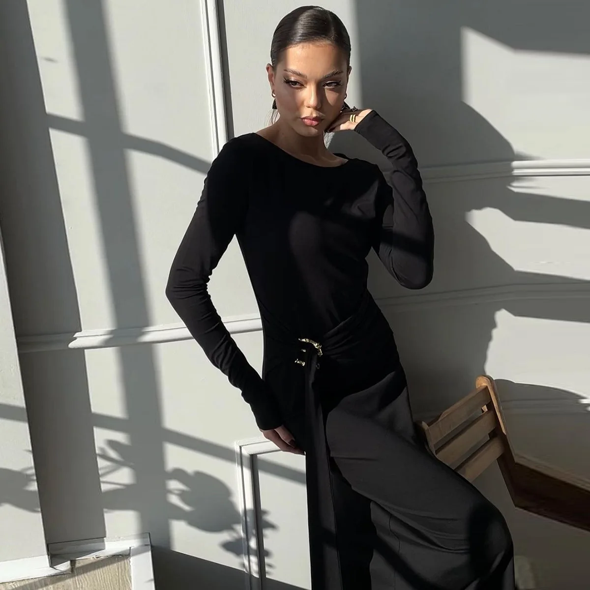 Black Fashion Lace-Up Long Dress For Women Skinny High Waist Patchwork Side Split Elegant Dress Female Party Maxi Dress