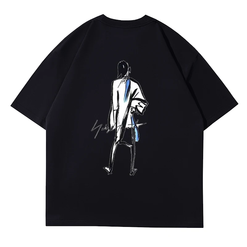 

Yohji Yamamoto Y-3 2023 Summer Men's T-shirt Abstract Sketch Figure Print Signature Y3 Cotton Short Sleeve Top For Men and Women