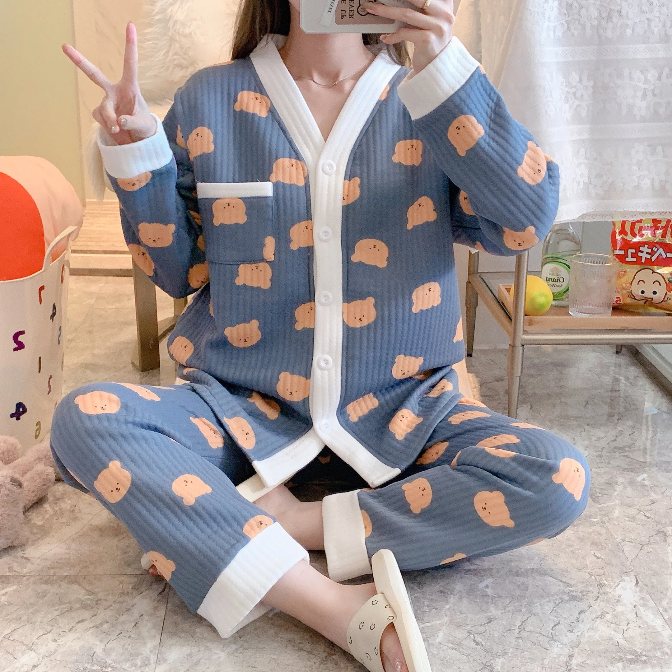 Autumn Winter Maternity Nursing Sleepwear Fashion Printing Pregnant Woman Breastfeeding Pajamas Suits Lactation Clothes Set Warm 100% cotton breastfeeding clothes sets winter postpartum women fashion plaid lactation pajamas suits nursing sleepwear lactation