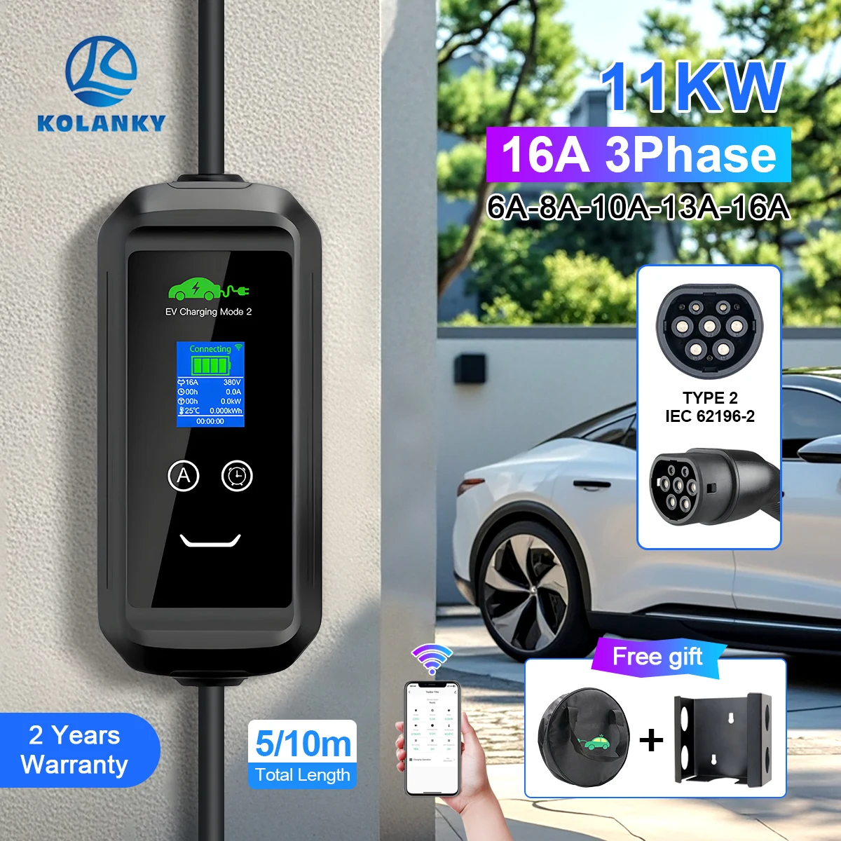 Portable Electric Vehicle EV Charger Type 2 APP Wifi Control Set 16A 11KW 32A 7.2KW 5/10M