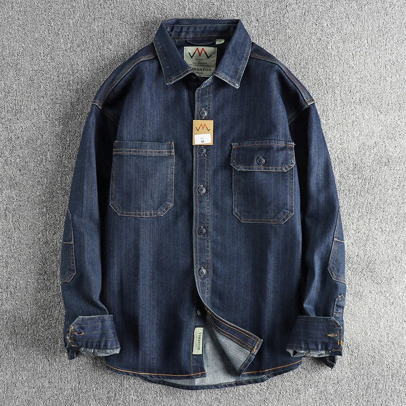 Denim shirt Spring American Retro Heavyweight Cargo Striped Men's Cotton Washed Old Casual Blouses Thin Jacket