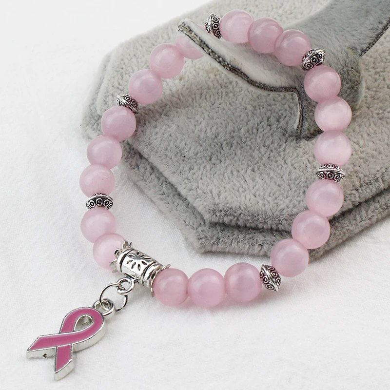 5 Color Breast Cancer Awareness Pink Ribbon Charm Bracelet 5 Color Cat Eye Opal 8mm Beads Bracelets & Bangles 2
