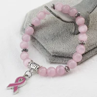 5 Color Breast Cancer Awareness Pink Ribbon Charm Bracelet 5 Color Cat Eye Opal 8mm Beads Bracelets & Bangles 2