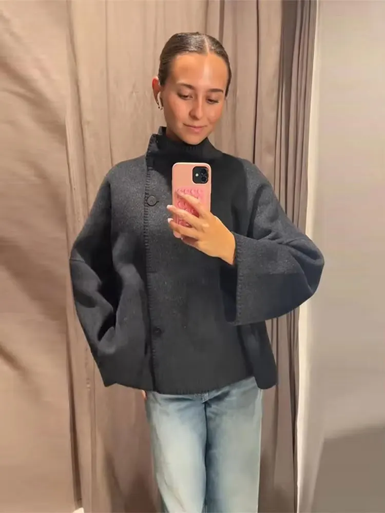 HH Autumn Women Fashion Contrast Coats Loose Casual Oversizes Jackets Turtleneck Long Sleeve Jacket High Street Lady Outwears