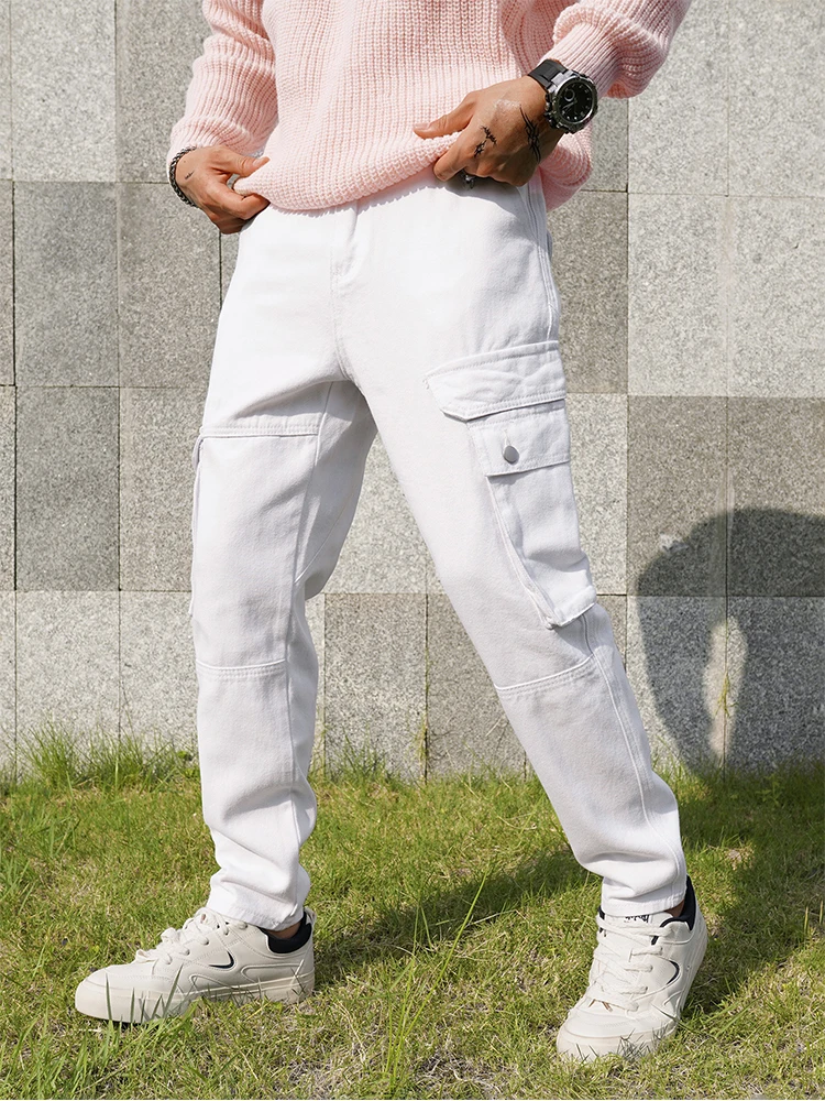 Men's casual jeans, simple white denim work pants, high - quality slim - fit jeans 5