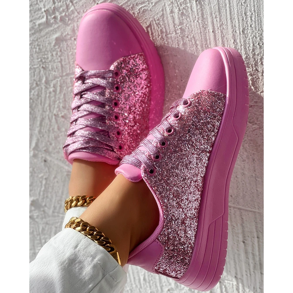 Bling Bling Sequins Decor Lace-up Flats Sneakers for Women Daily Casual Round Toe Pink Sports Shoes Spring Going Out Flats