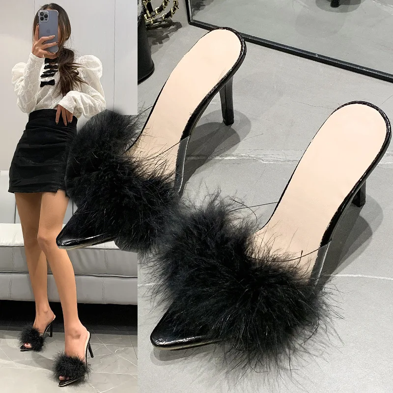 

2021 New Sequin cloth Korean Thick Half Drag Women's High heels Wear Heel Pointed Sequin Fashion Crystal Plush Heel Shoes