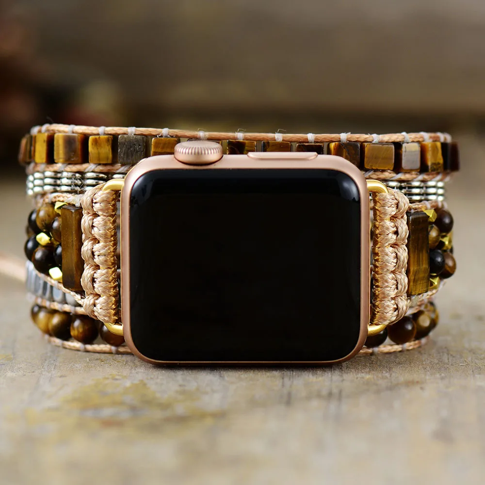Semiprecious Tiger Eye Aple Watch Band Beads Cool 5X Wrap Vegan Rope Wristwatch Strap Armband Bracelet Men Women Accessories