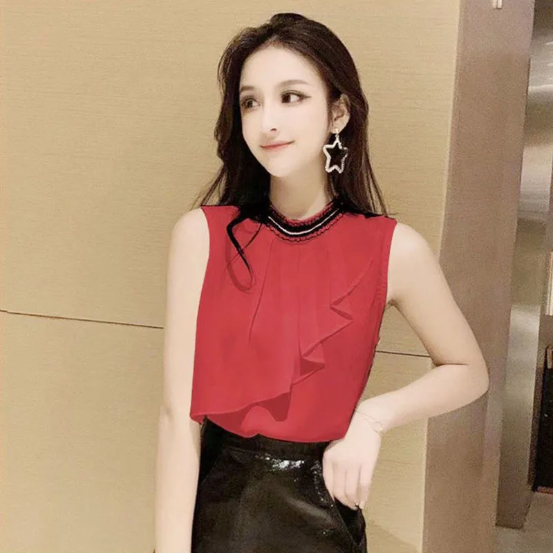 

Elegant O-Neck Spliced Folds Ruffles Sleeveless Blouse Female Clothing 2023 Summer New Casual Pullovers Office Lady Shirt