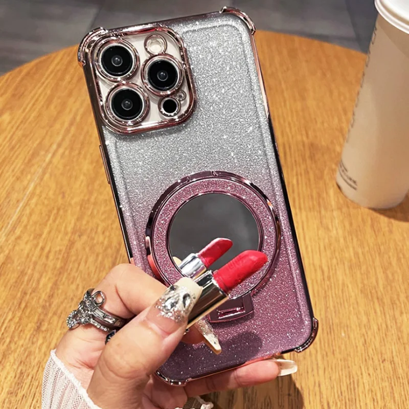 Airbag Glitter Shockproof Silicone Phone Case with Mirror Magnetic Holder and Stand
