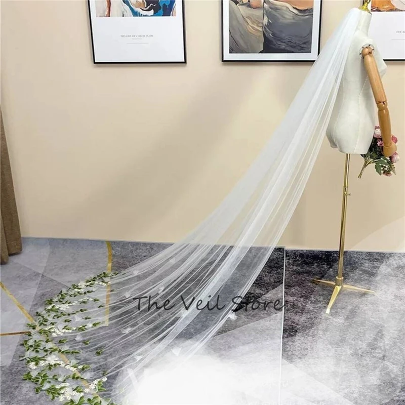 Long Cathedral Floral Bridal Wedding Veils With Comb Tulle White Ivory Wildflowers And Leaves Leaf Green Yellow Appliques Luxury