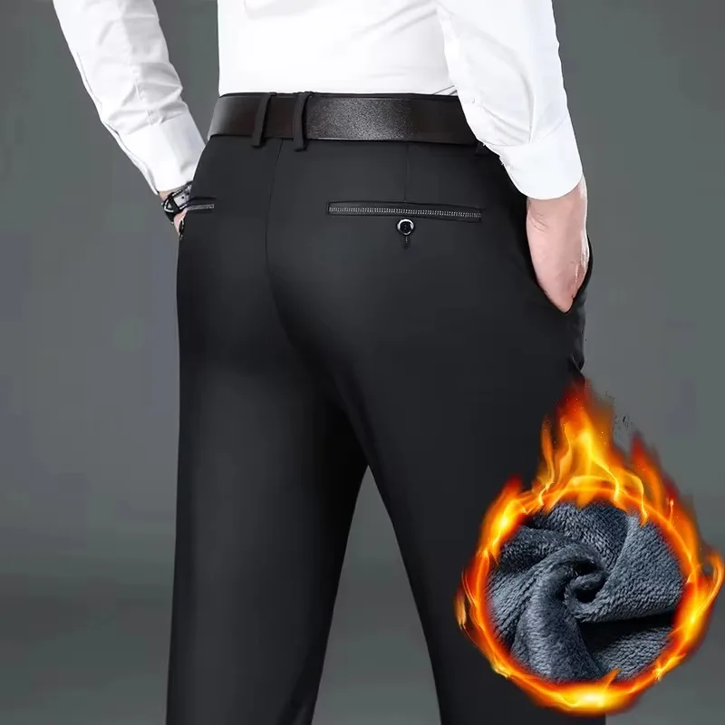 Winter New Flannel Thick Men's Casual Pants Fleece Navy Black Business Straight Slim Stretch Warm Plush Trousers Male 3