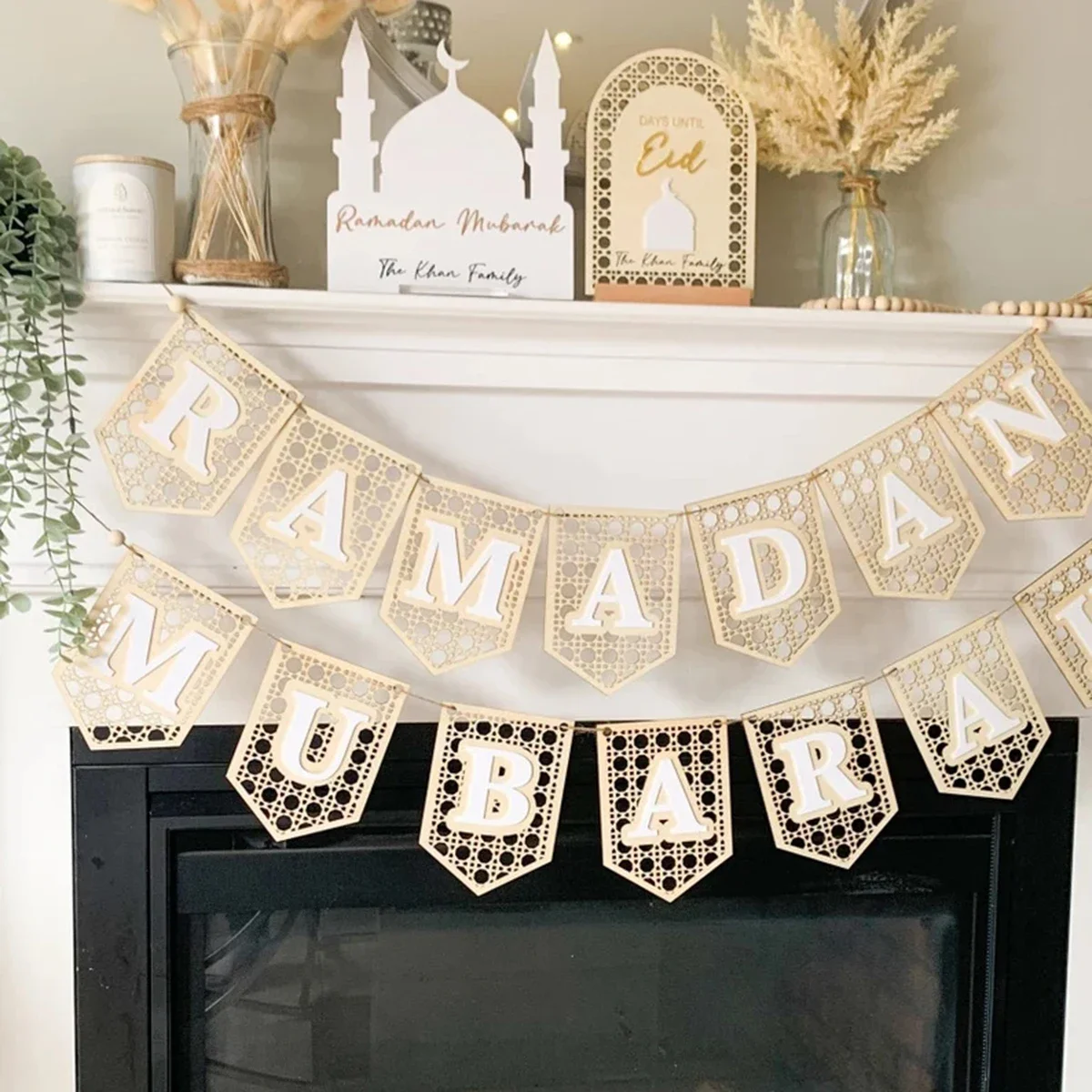 1Pc Ramadan Wooden Banner, Flag, Hanging Decoration Ramadan Kareem， Happy Ramadan， Eid Mubarak，muslim Decor，mubarak Decorations 2