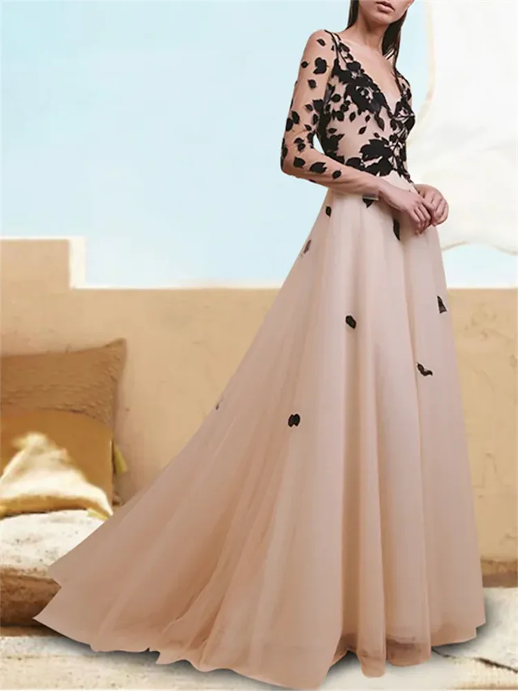 

Jumpsuits A-Line Prom Dresses Elegant Dress Formal Court Train Long Sleeve Jewel Neck Tulle with Appliques Pure Color 2023