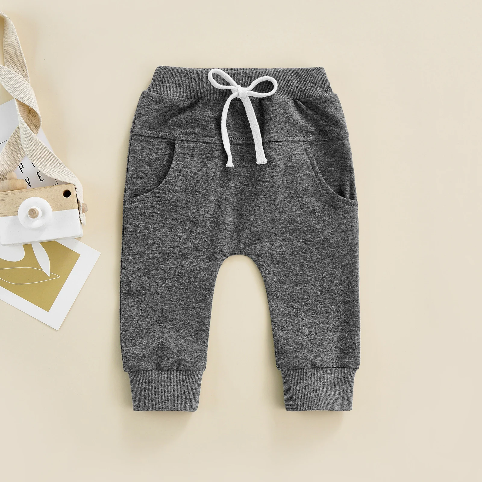 Newborn Boys Girls Casual Trousers Elastic Waist Adjustable Drawstring Plain Leisure Style Loose Fit Long Pants Sweatpants baby trousers cotton pants