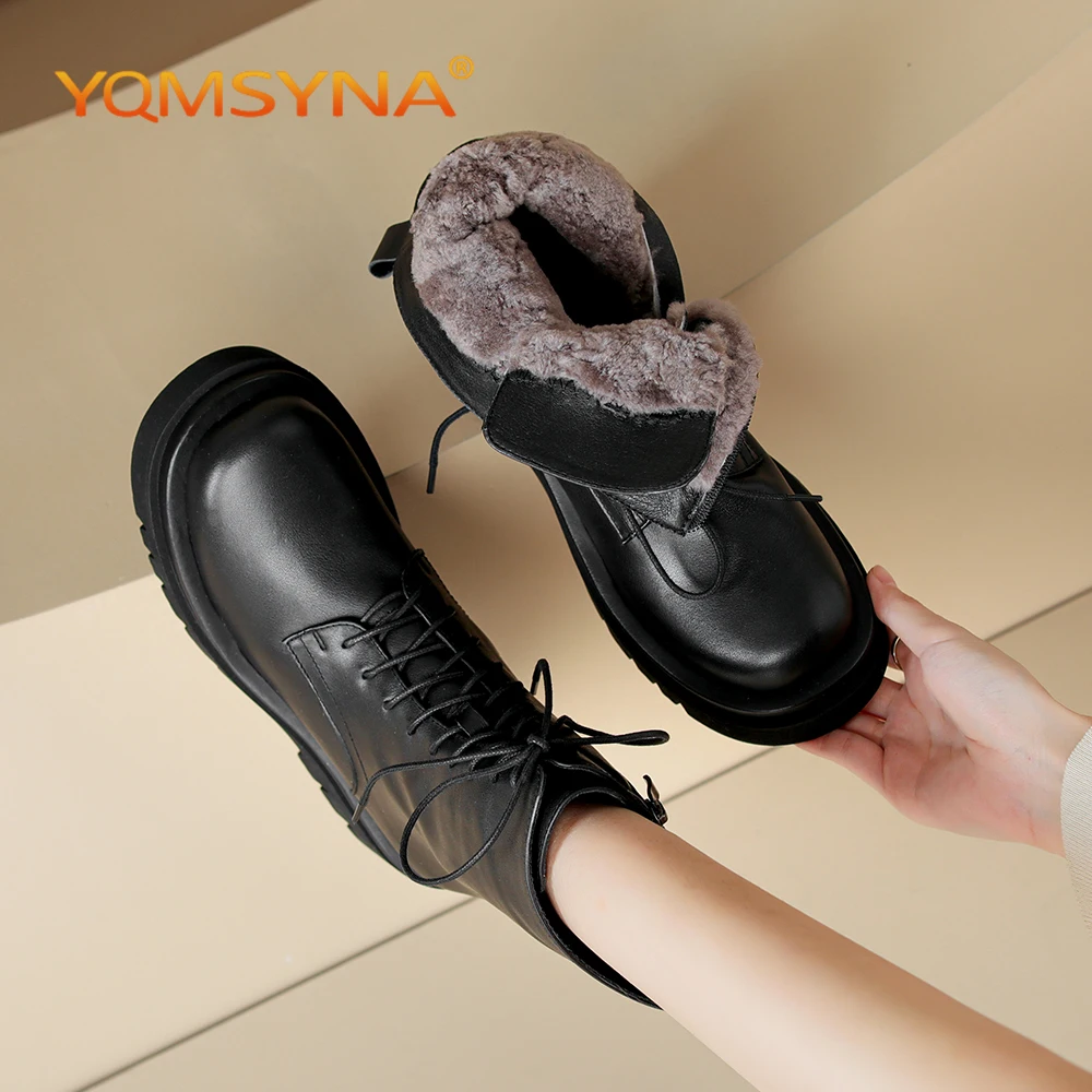 

YQMSYNA Fashion Women's Boots Genuine Leather Round Toe Thick Sole Anti Slip Shoes Comfortable And Warm Wool Fashion Boots AS20