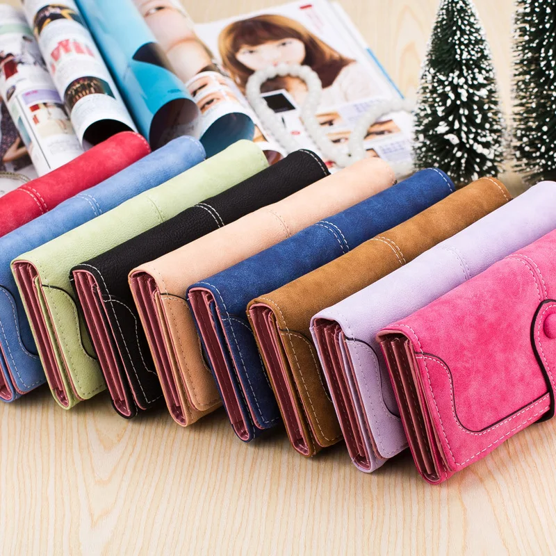 Vintage Frosted Faux Suede Long Wallet Women Matte Leather Lady Purse High Quality Female Wallets Card Holder Clutch Carteras 4