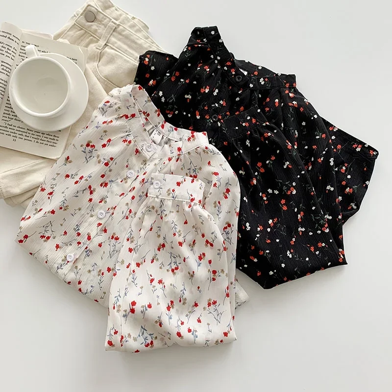 

Женская шифоновая блузка на пуговицах, свободная блузка с длинным рукавом и круглым вырезом, в Корейском стиле, в стиле бохо, лето