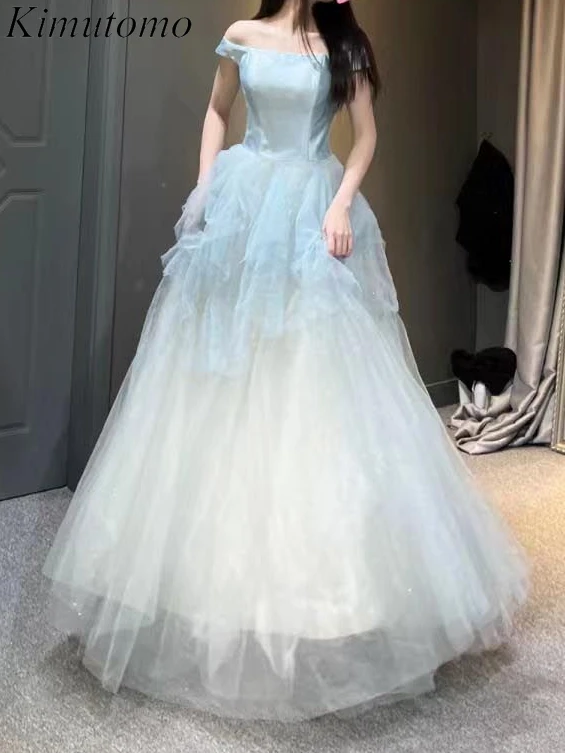 

Kimutomo Slash Neck Mesh Ruffles Party Dresses Women Evening Princess Style Fairy Wind Elegant Dress Korean Strapless Ball Gown