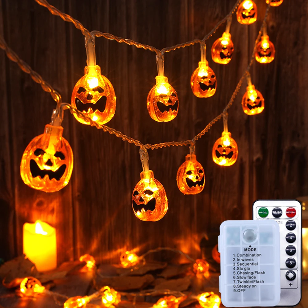 Halloween Pumpkin String Lights Battery Operated 3M 6M Orange Pumpkin Fairy Light With Remote Halloween Thanksgiving Party Decor halloween pumpkin ghost skeletons bat spider light night light festival bar home party decor halloween ornament modeling lights