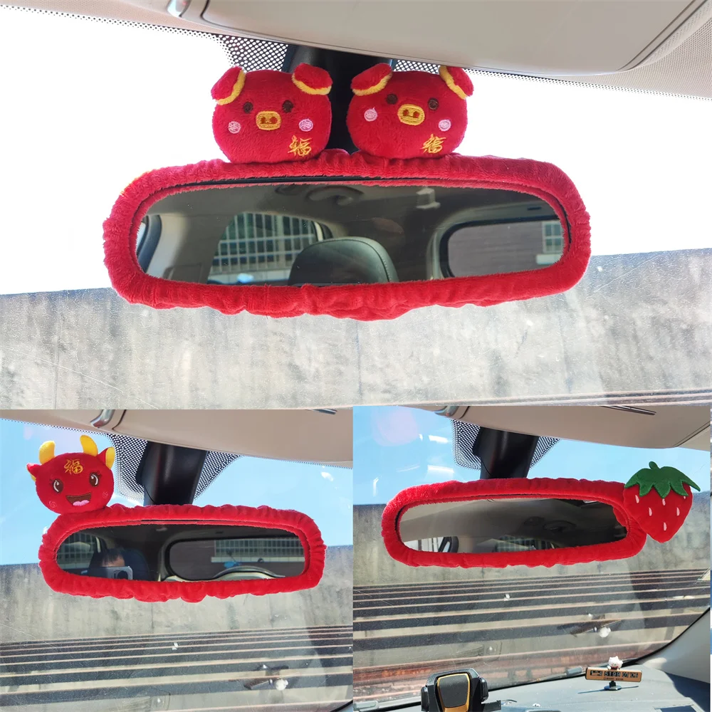 Cartoon Fruit Strawberry Car Interior Rearview Mirror Cover Plush Auto Rear View Mirror Cover Decoration for Women