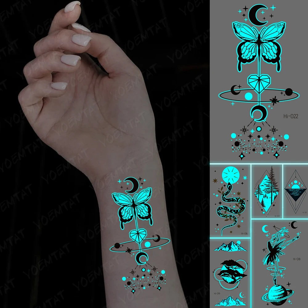 

Luminous Glow Waterproof Temporary Tattoo Sticker Butterfly Moon Star Heart Dotted Small Mini Fake Tattoos Flash Tatto Kid Neck