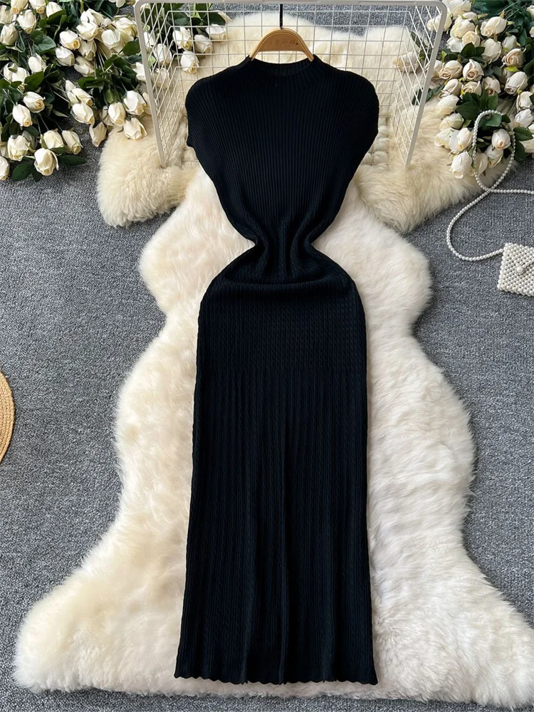 Wmstar dress women wholesale round neck short sleeved  waist cinching high elastic knitted long dress dropshopping new in summer