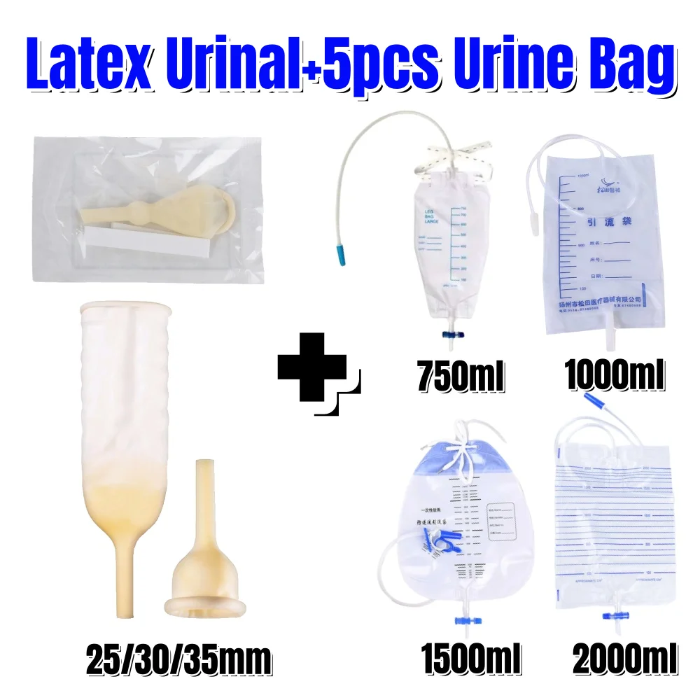 1Set 750-2000ml Male Latex Urinal External Drainage Catheter Latex Sleeve Urine Bag Incontinence Elderly Urine Collector Bag