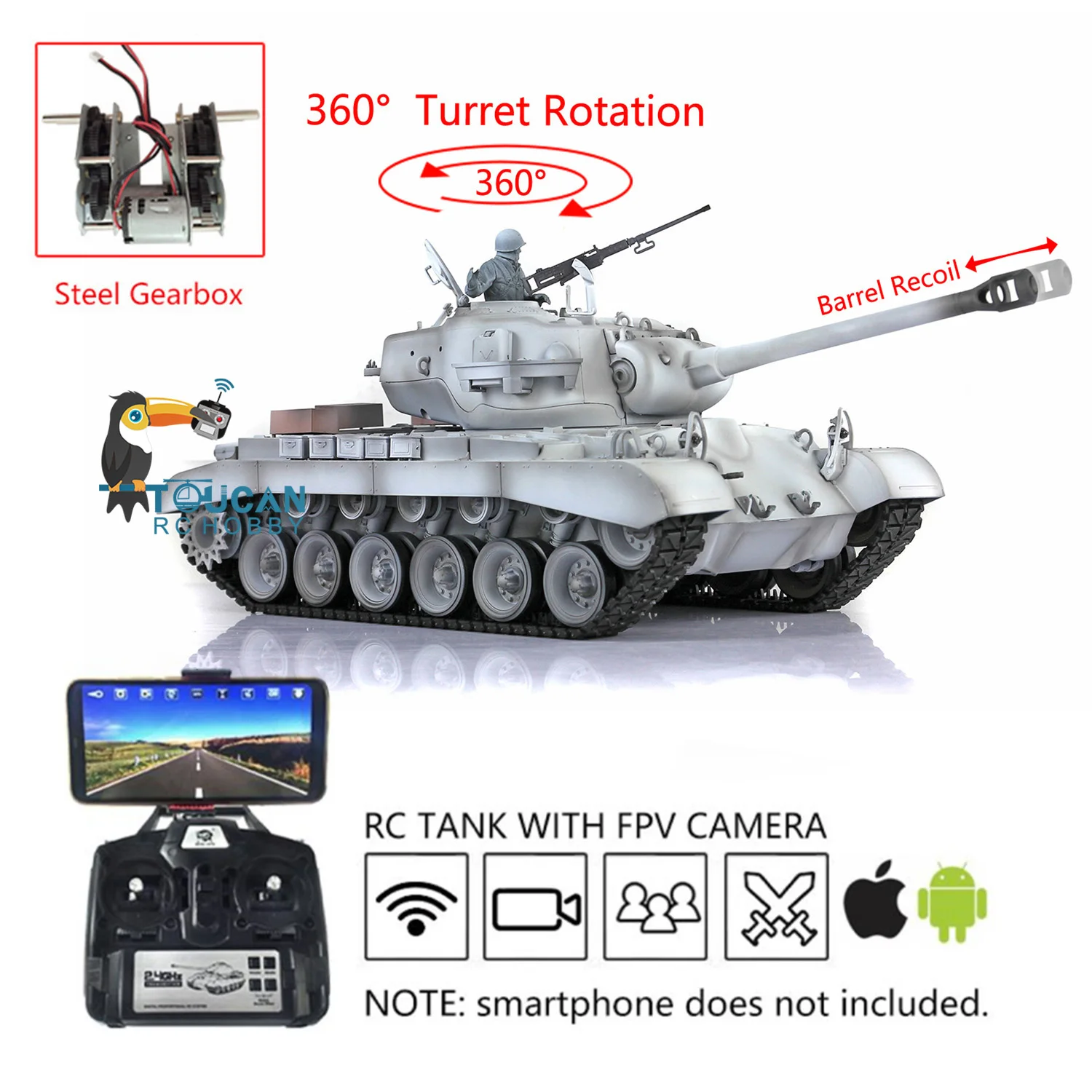 Henglong FPV 1/16 M26 RTR Radio Contol Tank 3838 With 360°Turret Rotation Upgrade Parts Gearbox Barrel Recoil 7.0 Version 5