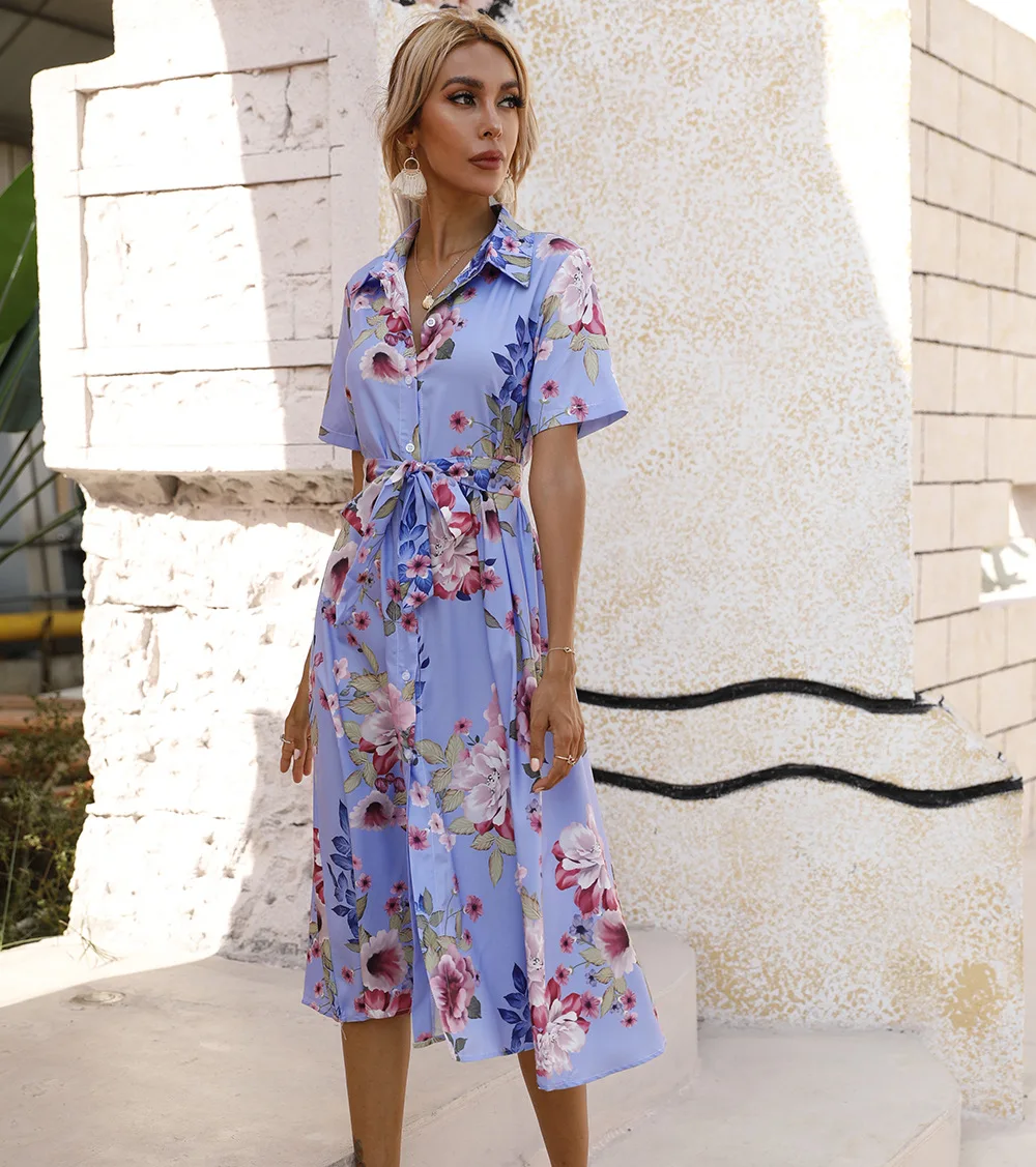 Fashion Floral Print Midi Dress Woman Spring Summer Loose Casual Short  Sleeve Turn Down Collar Lace Up Dresses For Women 2023 - AliExpress