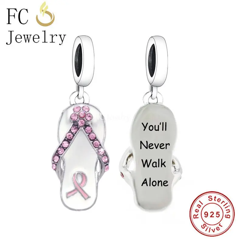 

Fit Original Pan Charms Bracelet 925 Sterling Silver Pink Ribbon Breast Cancer Flip Flop Bead For Making Women Berloque 2022