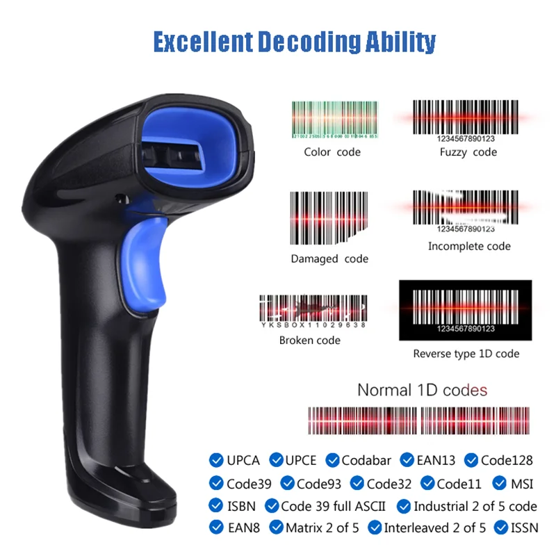 RS1100 Wireless Wired Barcode Scanner Bluetooth Handheld Barcode Reader 1D 2d Laser QR Code Data Matrix Reader Desktop Scanner