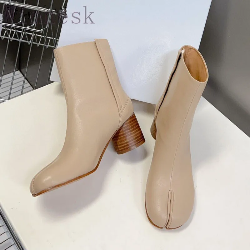

Autumn New Round Toe Genuine Leather Split Toe Short Boots Woman Concise Round Heel Side Zipper High Heel Ankle Boots Women 2023