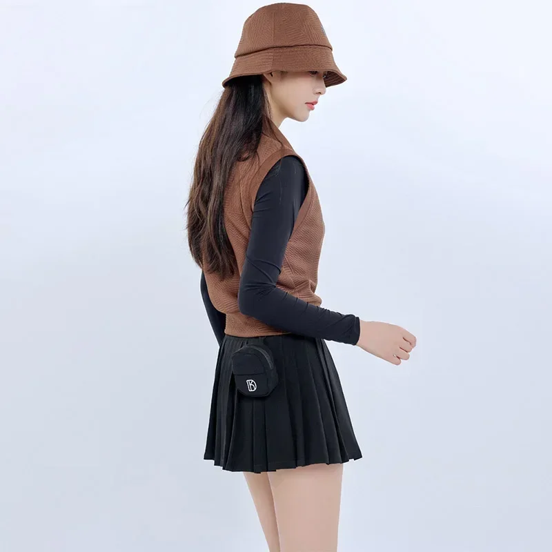 DK Autumn Ladies Sleeveless Knitted Golf Shirt Slim Keep Warm Vest Women Pleated Slim Skirt High Waist Soft Skort with Small Bag
