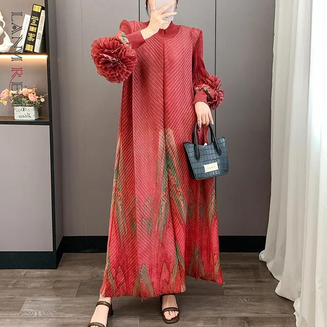 LANMREM Red Pleated Hand-Cranked Floral Print Women's Long Dress Long Sleeve Elegant Temperament Elastic Loose Dresses 2DB4509