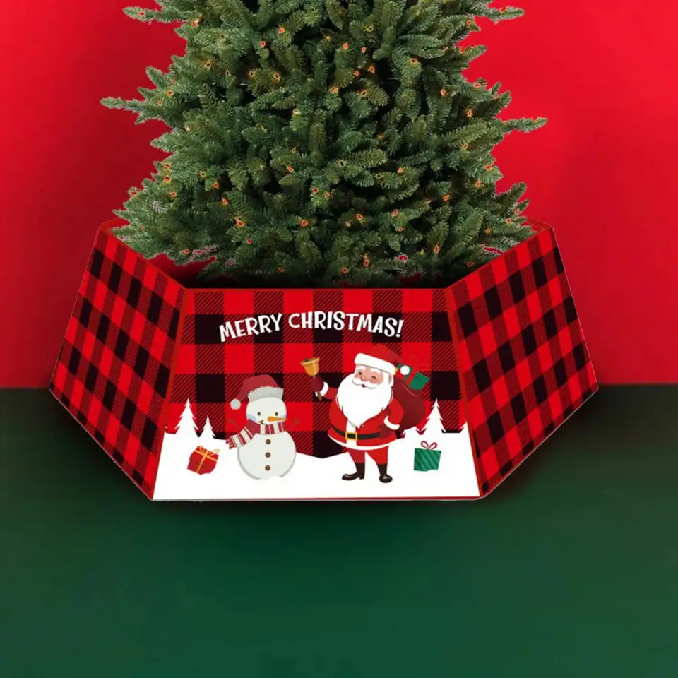 Collare per albero di Natale in legno, 72,9 cm, bianco, per alberi artificiali, copertura esagonale vintage per albero di Natale in legno naturale, base rustica per albero di Natale