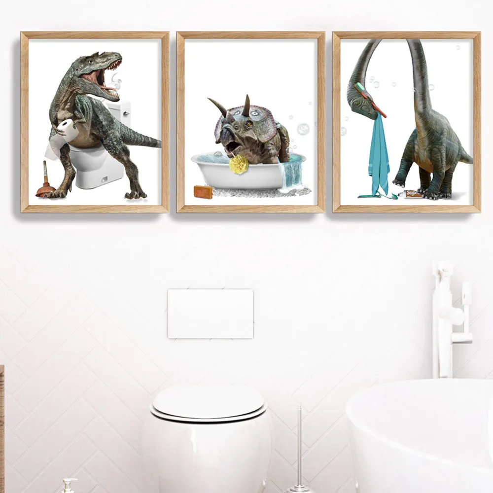 Modern Dinosaur Bathroom Set Di 3 Wall Art Dipinti Su Tela Poster Nordici Stampe Eccentrico Tyrannosaurus Picture Living Room Decor