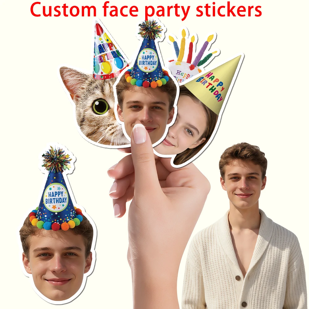 20 Stück personalisierte Fotoaufkleber mit Geburtstagshut-Muster, individuelle Gesichtsfotoaufkleber, Geburtstagsgeschenk, Partyzubehör für alles Gute zum Geburtstag – Detail 2