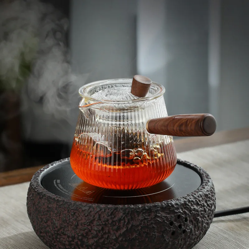 HMLOVE Heat Resistant Glass Stripe Teapot Wood Handle Chinese Kung Fu Tea Set Ceremony Household High Boron Silicon Teawear Cups