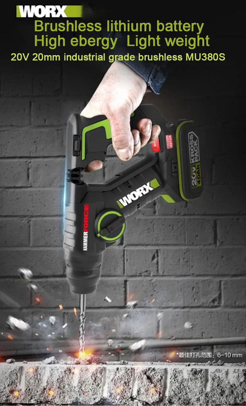 WORX WU380S 20V  brushless/Cordless Rotary hammer-power tools,lithium,Forward/Reverse,industry/drill concrete/wood/steel/martelo 4