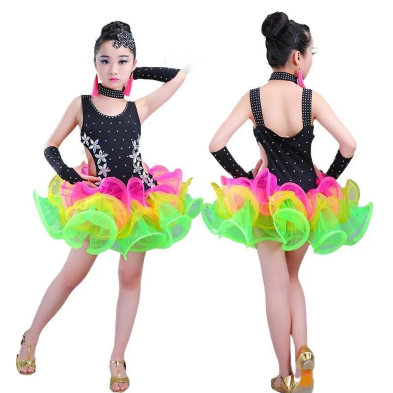 

Children Jazz Latin Dance wear Costumes Girls Sequined Ballroom Dancing dress Kids salsa Latin dance Outfits Performance